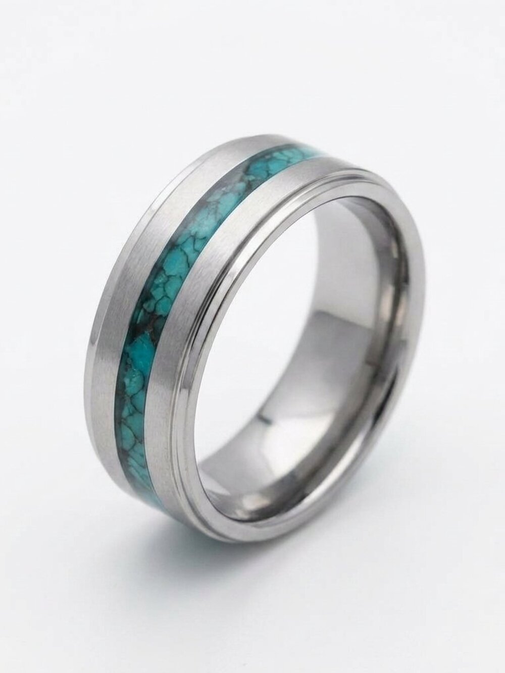 Size 11 Silver Stainless Steel 8 mm Wedding Band – Blue‑Green Inlay